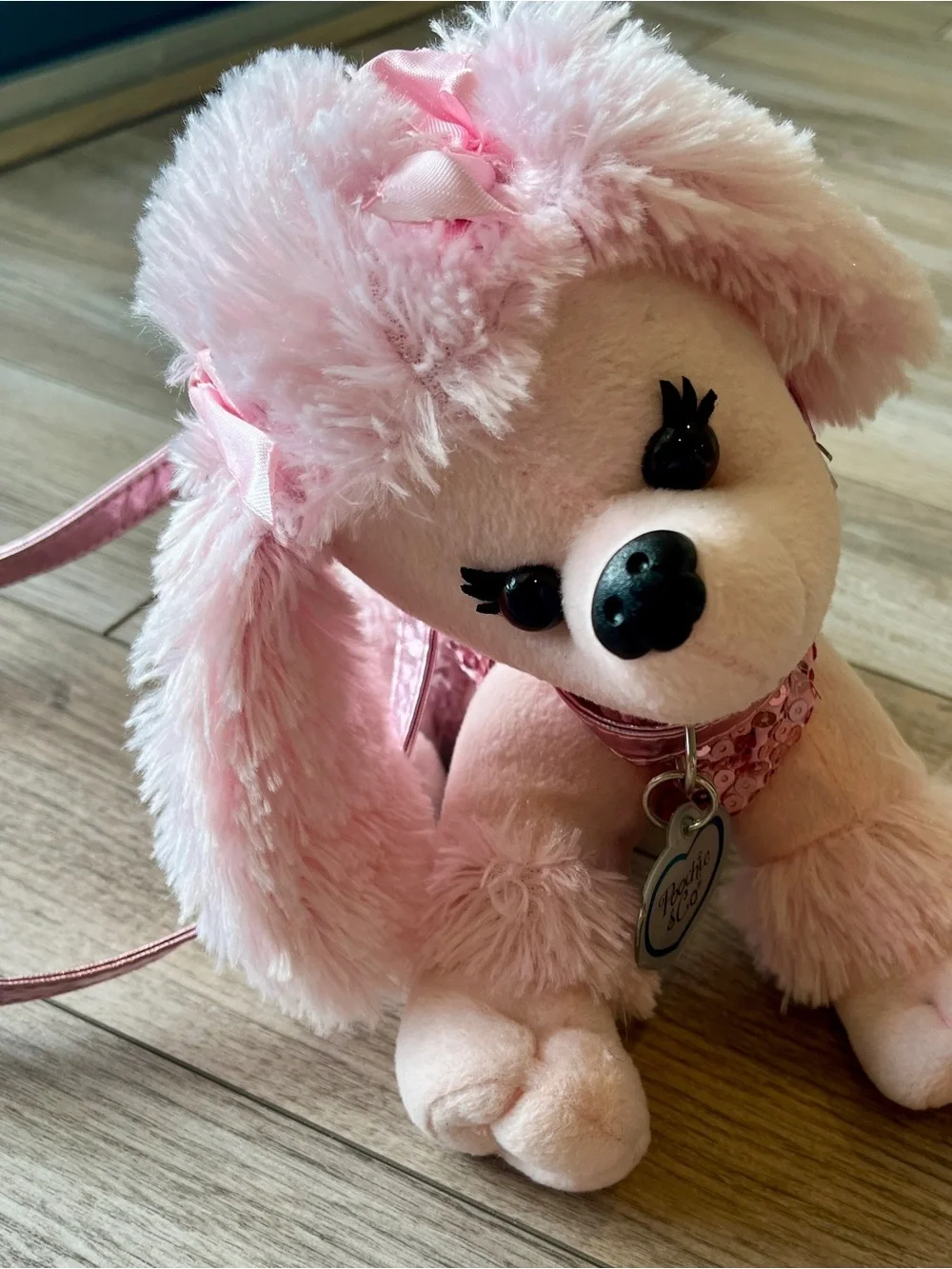 Poochie & Co. Bubblegum Pink Plush Poodle Purse with Sequins. Zips open EC